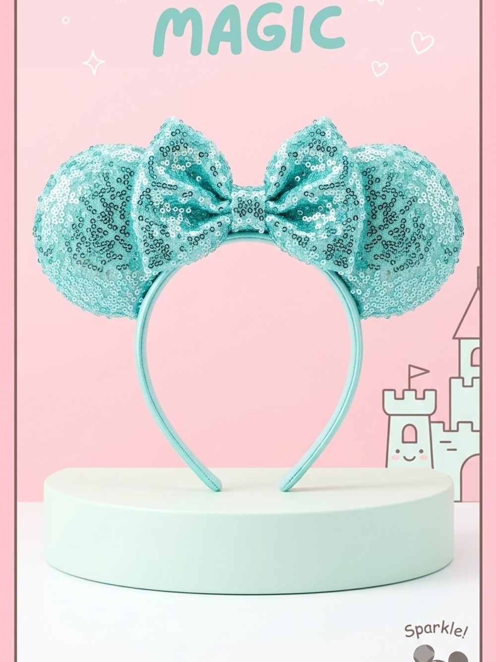 Disney Parks Style Minnie Ears Aqua Blue Sequin Ears Headband NWOT